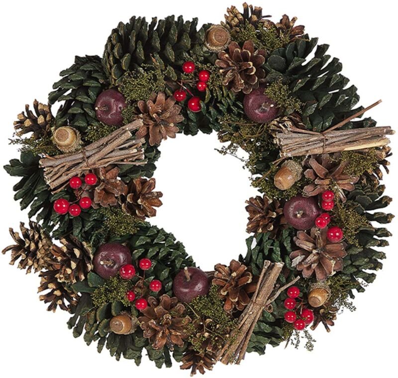 Weihnachtsdekoration Kranz Grün und Rot Holz rund mit Tannenzapfen Zweigen Moos Beeren Eicheln Innenbereich Tischdeko Tü...