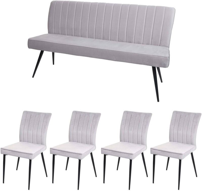 Esszimmer-Set HHG-480, 4er-Set Stuhl+Sitzbank Esszimmergruppe Sitzgruppe Esszimmergarnitur, Samt Metall hellgrau