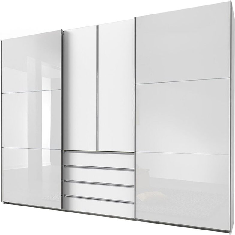 Kleiderschrank 300cm breit weiß, Schwebetüren mit Glasfronten, MIDLAND-43