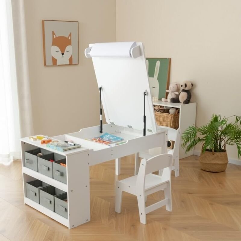 Costway - Kindertisch mit 2 Stühlen, 3 in 1 Aktivitätstisch & Staffelei aus Holz mit anhebbarer Tischplatte mit Farbbech...