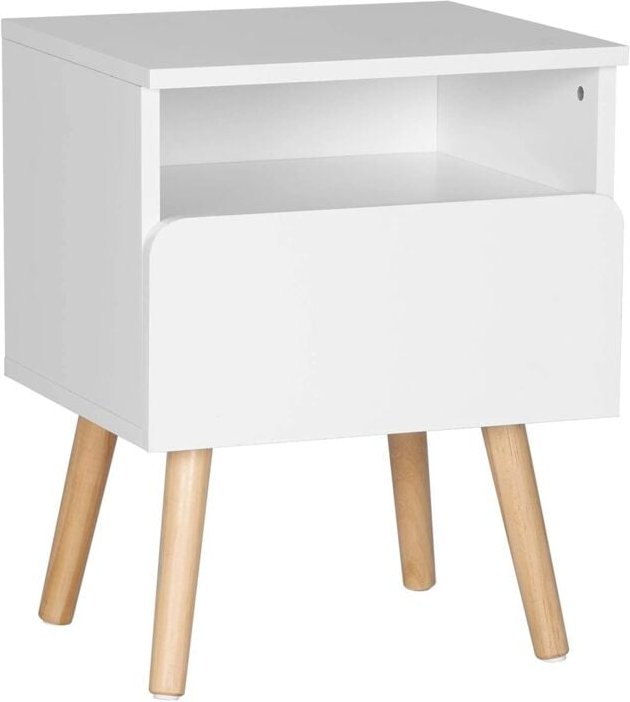 Nachttisch Nachtkommode Nachtschrank Beistelltisch Sofatisch, mit Schublade und Offenem Fach, mit Beinen, Holz, Weiß, 40...