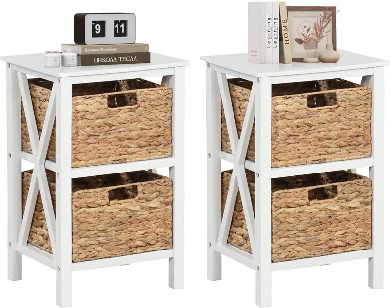 3-stufiger Nachttisch mit Seegraskörben, schmaler X-Design Beistelltisch, Sofatisch mit Akazienholzbeinen, Aufbewahrungs...