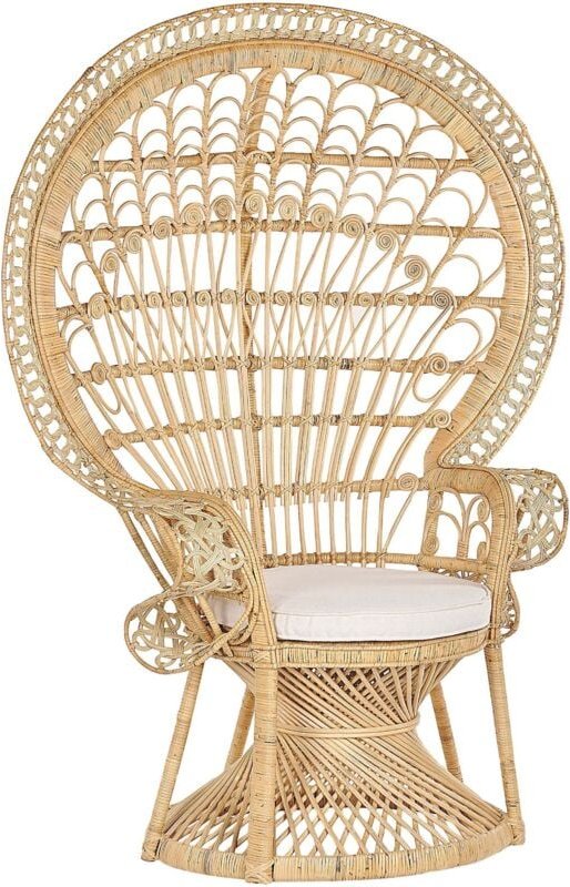 Pfauensessel Beige Rattan mit Kissen aus Baumwolle Indoor u. Outdoor Garten Lounge Terrasse Patio Balkon Wohnzimmer Schl...