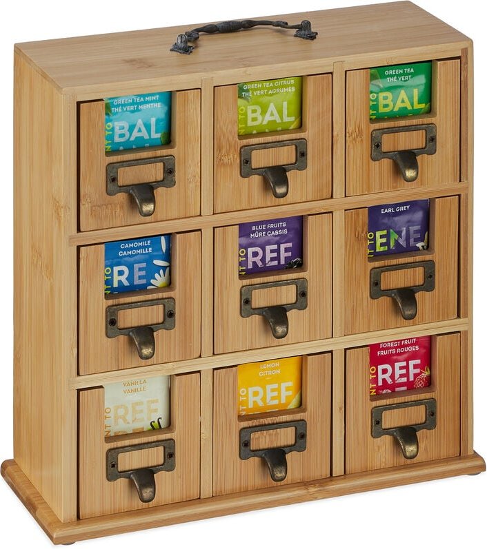 Relaxdays Tee Organizer, 9 Fächer, Bambus, HxBxT: 29 x 30 x 11,5 cm, zum Hinstellen o. Aufhängen, Teeaufbewahrung, natur
