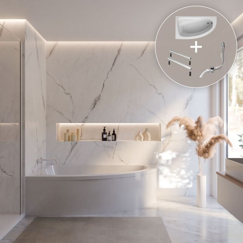 Schulte - Eckbadewanne Baia - 160x90 cm, aus hochwertigem Sanitäracryl, Weiß glänzend, Komplett Set inkl. Fußgestell und...