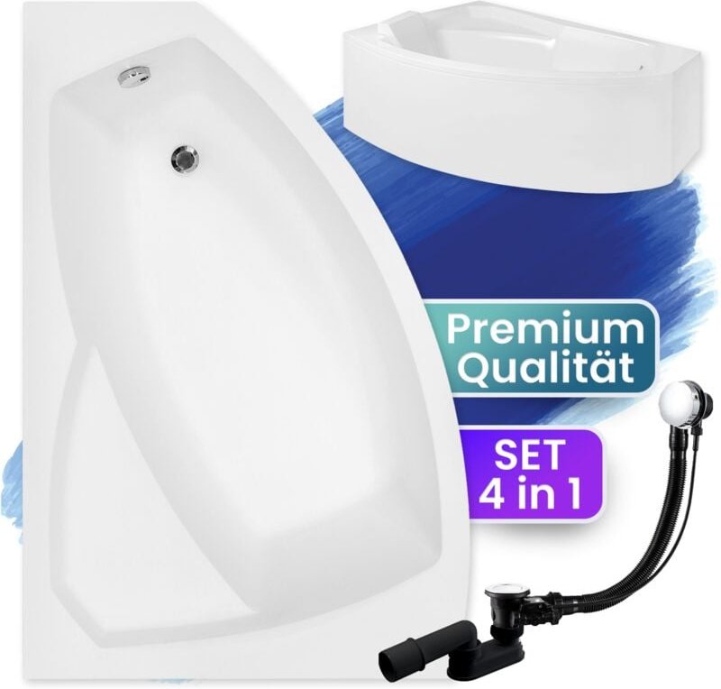 Badland - Badewanne Eckbadewanne 130x85 Links mit AcrylSchürze, Ablaufgarnitur & Füßen gratis - Komplettset 4in1 Origina...