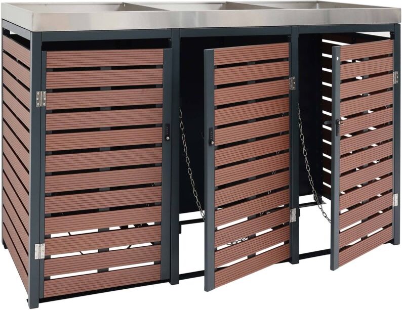3er Mülltonnenverkleidung HHG 618, Mülltonnenbox mit Pflanzkasten, 124x200x84cm wpc Edelstahl 107kg Walnuss-Holzoptik