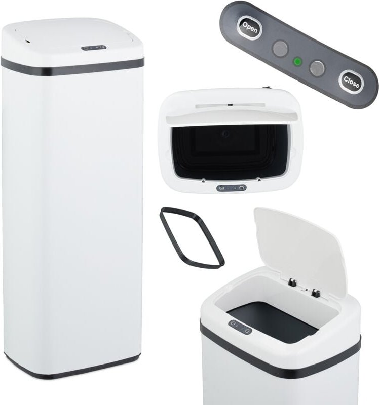Relaxdays - Mülleimer mit Sensor, 50l, elektrischer Deckel, Müllbeutelhalter, Küchenmülleimer, Abfalleimer Küche, weiß