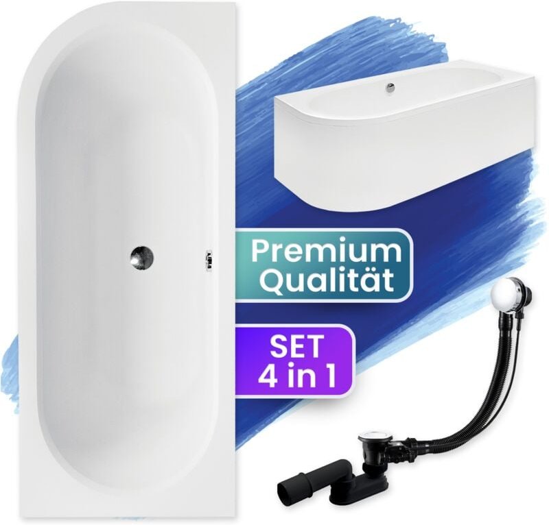 Badewanne Eckbadewanne 160x75 Rechts mit AcrylSchürze, Ablaufgarnitur & Füßen GRATIS - Komplettset 4in1 Original Acryl W...