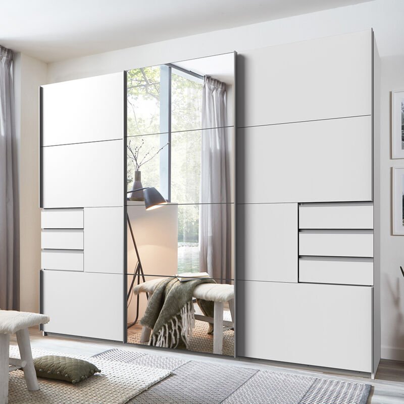 Schwebetürenschrank 3-türig 270cm, weiß mit Spiegelfront, STRATFORD-43