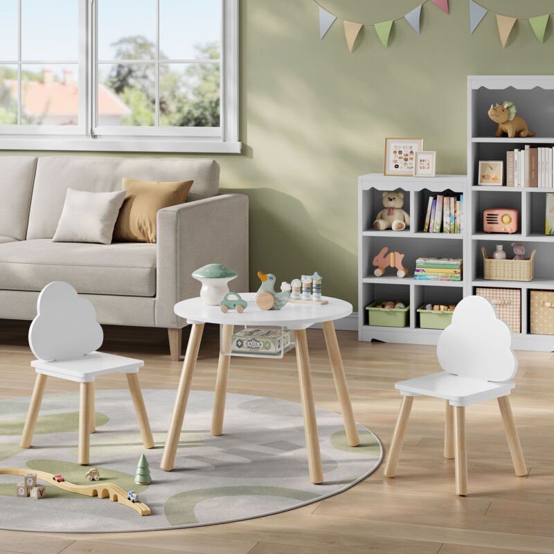 WOLTU 3tlg. Kindersitzgruppe, Kindertisch mit 2 stühlen, mit Stauraum Netztasche, Kinderstuhl mit Wolken-Rückenlehne, Ki...