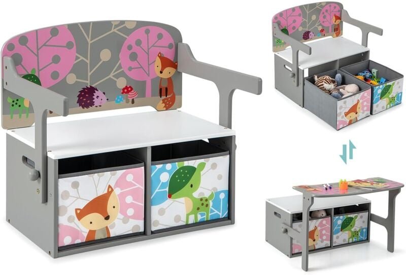 Costway - 3-IN-1 Kindertisch mit Sitzbank, Kindersitzgruppe mit 2 abnehmbaren Körben, Kindersitzbank mit stauraum, Spiel...