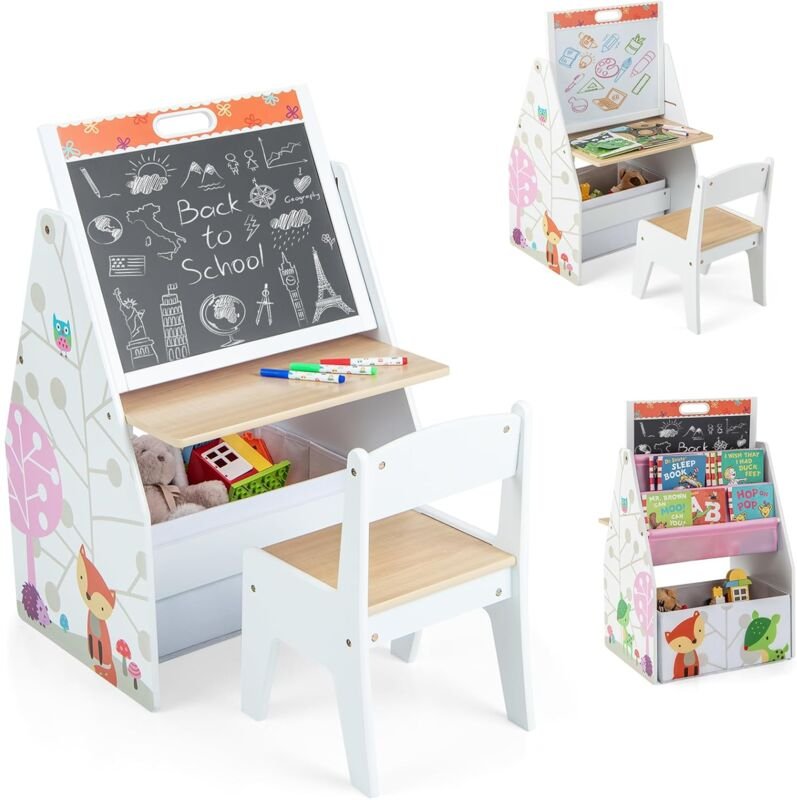 Costway - 3 in 1 Kindertisch & Kunststaffelei & Kreidetafel, Kindersitzgruppe mit magnetischer Tafel & Whiteboard & Stof...
