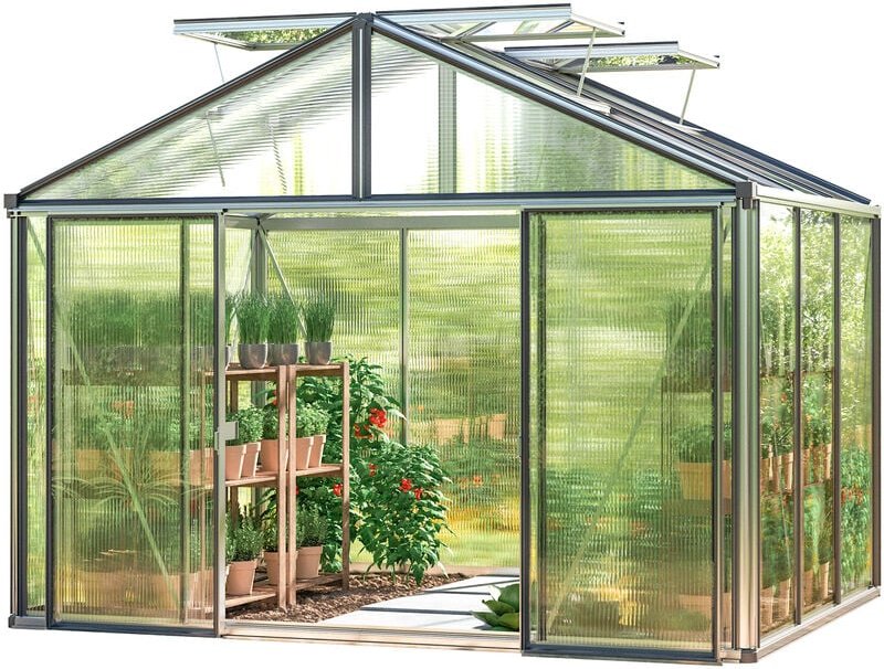 Gewächshaus Asteria 21 Premium 311x235 cm mit integriertem Fundament 16 mm Doppelstegplatten, Farbe Aluminium natur - GF...