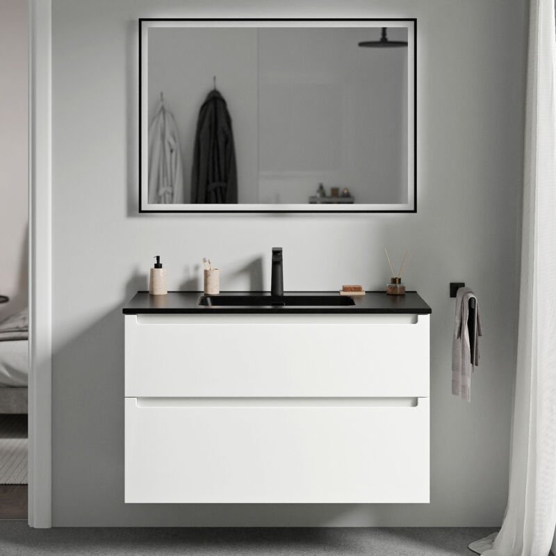 Thumbnail - Waschtischunterschrank Bernstein vireo 100 cm mit Waschbecken Schwarz - Badmöbelfarbe Weiß matt