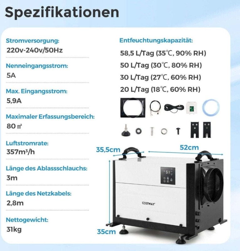 Kommerzieller luftentfeuchter 58 ltag 3 modi 24 stunden timer