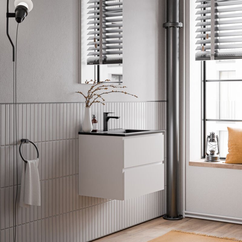 Unterschrank Bernstein ava 60 cm mit Keramik Waschbecken - Badmöbelfarbe Weiß matt, Waschbecken Schwarz matt