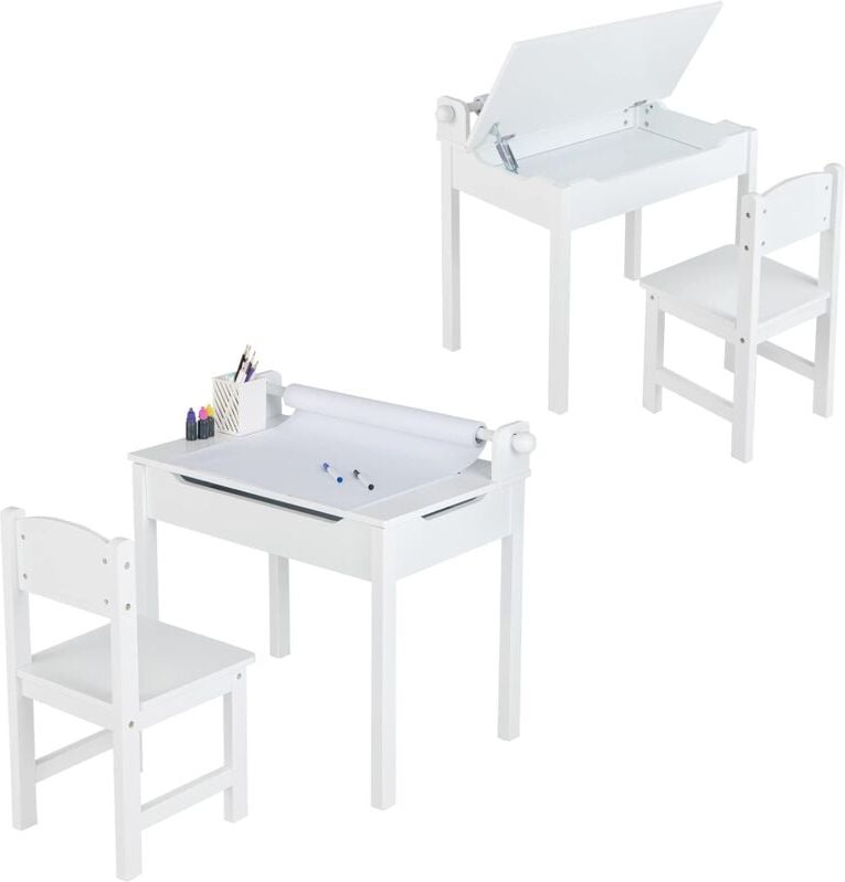 Costway - Kinderschreibtisch mit Stuhl, Kindertisch-Set mit klappbarer Tischplatte, Papierrollenhalter, Schülerschreibti...