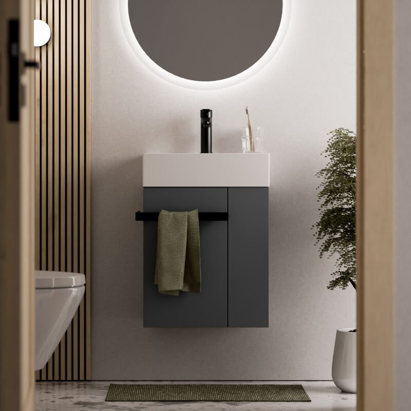 Waschtischunterschrank Gäste-WC Bernstein compact 450 mit Waschbecken 45 cm Regal rechts Badmöbel: Anthrazit matt, Metal...