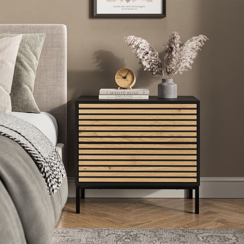 Nachttisch Eliza, Schwarz/Eiche, 66 x 60 cm mit 2 Schubladen, Vicco