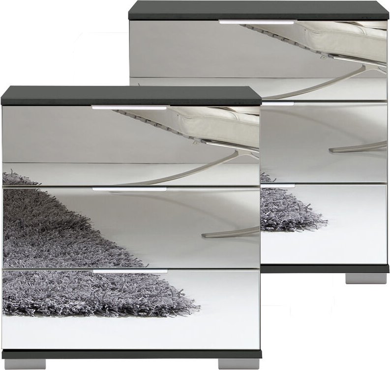 Thumbnail - Schlafzimmer 2er Set Nachttisch Nachtschrank, auch für Boxspringbetten, in graphit mit Spiegelfront ELSTRA-43, b/h/t ca....