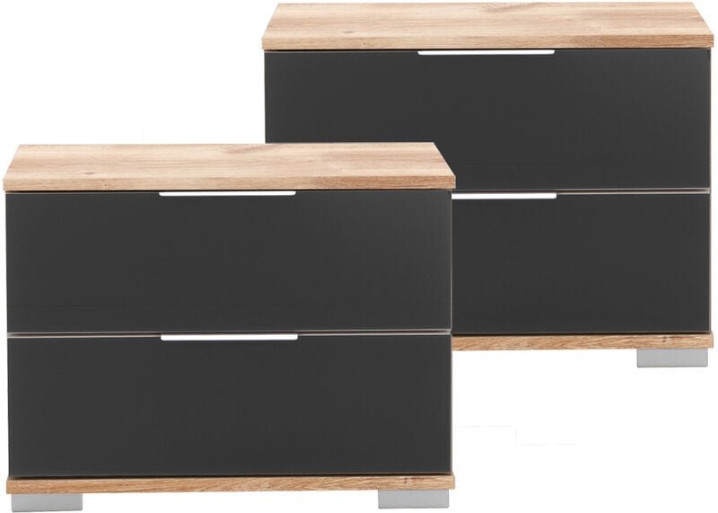 Schlafzimmer 2er Set Nachttisch Nachtschrank in Plankeneiche Nb. mit grauem Glas ELSTRA-43, B/H/T ca. 52/40/38 cm
