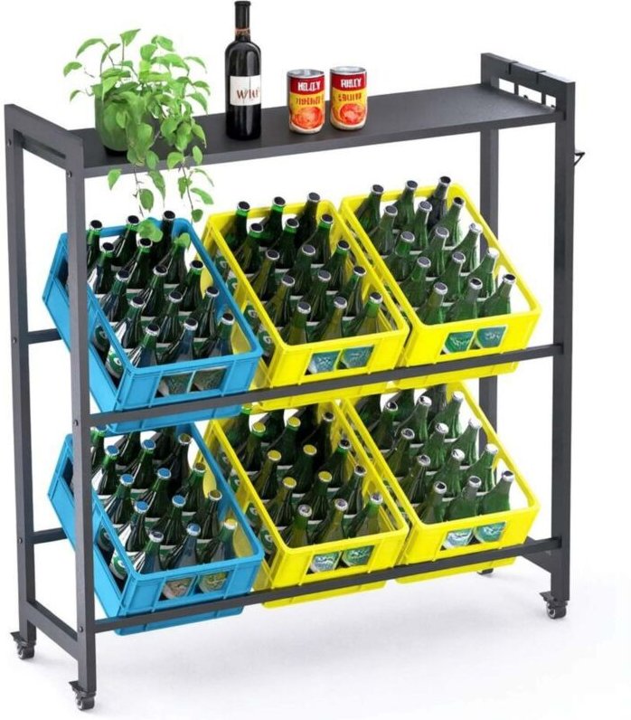 DanDiBo Getränkekistenregal 6 Kisten mit Ablagefäche Rollen Haken Metall Schwarz 96653 Getränkeregal Kistenregal Getränk...