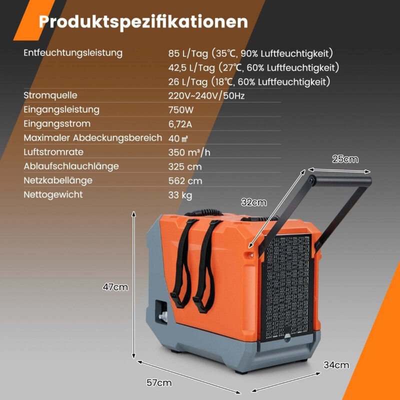 Thumbnail - 85 ltag luftentfeuchter bautrockner mit pumpe ablaufschlauch industrie trocknungsgerat mit 24h timer orange grau