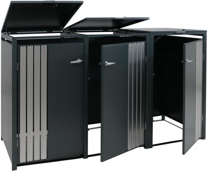 HHG - 3er-Mülltonnenverkleidung 340, Mülltonnenbox mit Deckel, Metall 122x200x84cm 83kg anthrazit Edelstahl