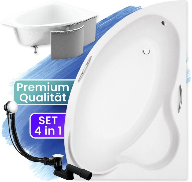 Badland - Badewanne Eckbadewanne 140x90 Rechts mit Styroporverkleidung, Ablauf & Füße gratis - Komplettset 4in1 Original...