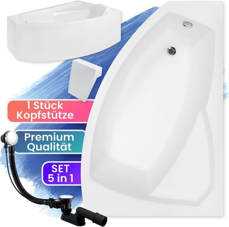 Badland - Badewanne Eckbadewanne 130x85 Rechts mit AcrylSchürze + Kopfstütze, Ablaufgarnitur & Füßen gratis - Komplettse...