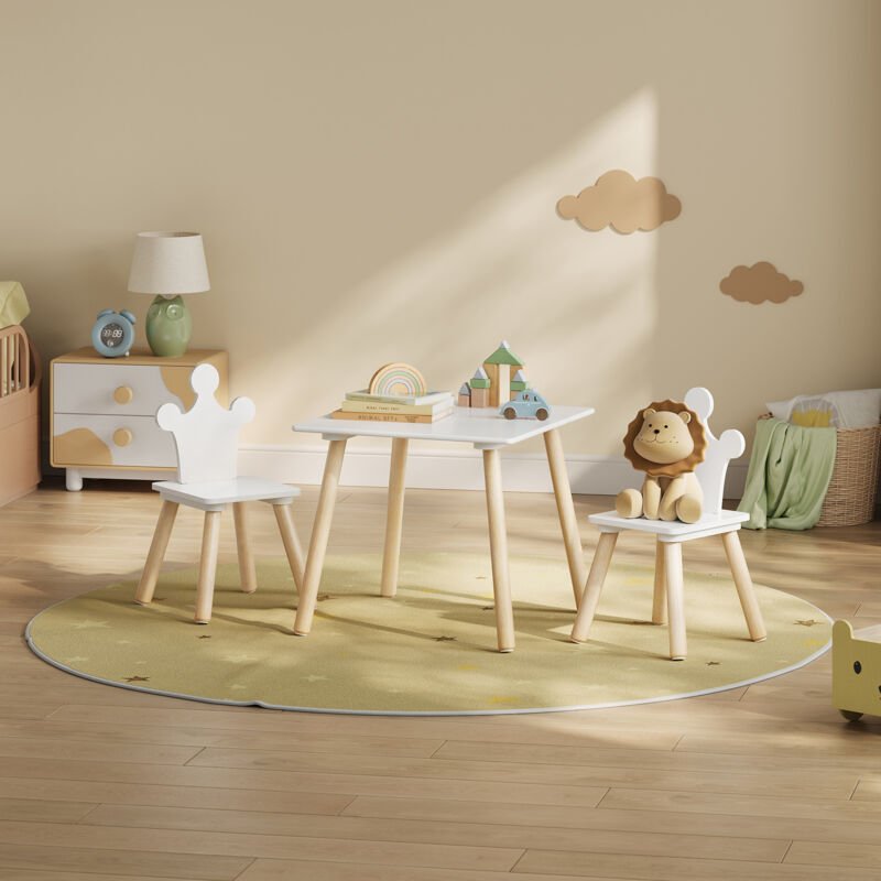 WOLTU Kindertisch mit 2 Stühlen, Kindersitzgruppe, Sitzgruppe Kinder aus MDF und Massivholz, Weiß + Helle Eiche