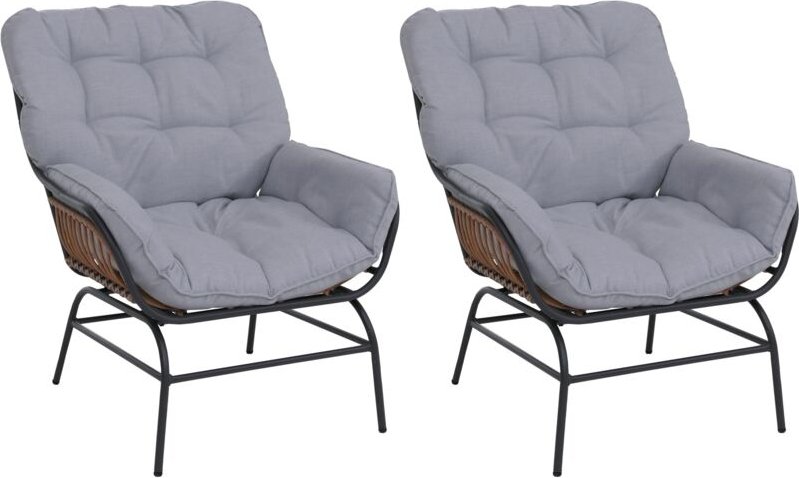 2er-Set Gartenstuhl HHG-736, Gartensessel Loungesessel, Stoff 220g/m² Poly-Rattan Metall dunkelgrau, Polster hellgrau
