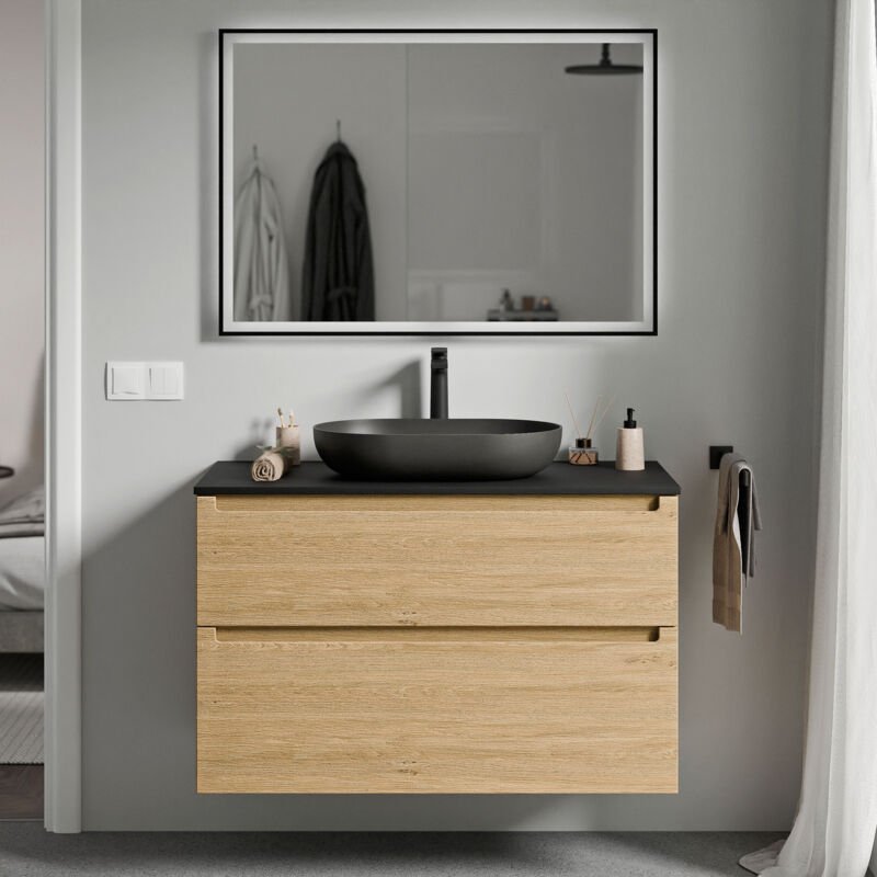 Waschtischunterschrank Bernstein VIREO 80cm für Aufsatzwaschbecken Badmöbel: Eiche Honiggold, Waschtischplatte: Schwarz ...