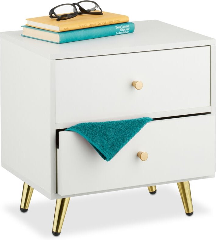 Nachttisch, 1 Stück, 2 Schubladen, HxBxT: 41,5 x 40 x 32,5 cm, Schlaf- & Gästezimmer, Nachtschrank, weiß/gold - Relaxday...