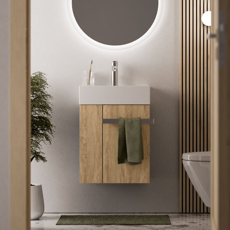 Waschtischunterschrank Gäste-WC Bernstein compact 450 mit Waschbecken 45 cm Regal links Badmöbel: Eiche Honiggold, Metal...