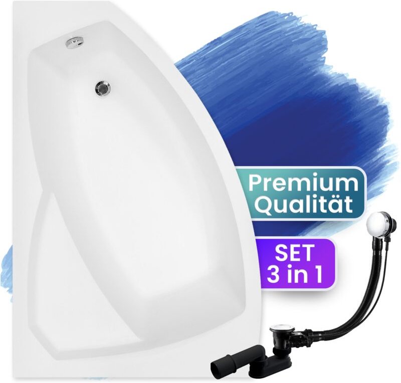 Badewanne Eckbadewanne 130x85 Links, Ablaufgarnitur & Füßen GRATIS - Komplettset 3in1 Original Acryl Wanne Premium Sipho...