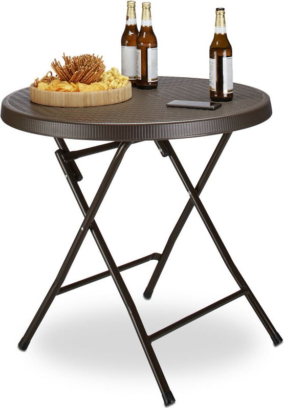 Gartentisch klappbar bastian, rund, h x b x t: 74 x 80 x 80 cm, Metall, Kunststoff, Rattan-Optik, braun - Relaxdays