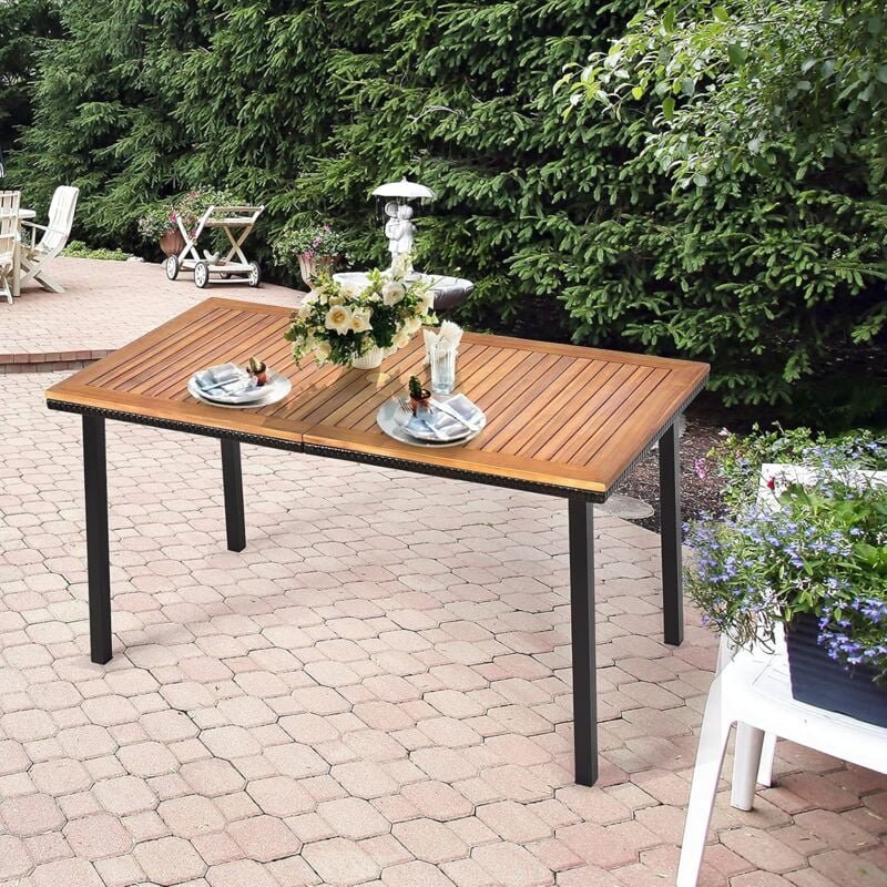 Gartentisch mit Schirmloch, Akazienholz Terrassentisch , Esstisch Rechteckig Metallrahmen für 6-8 Personen, 140x75x76cm ...