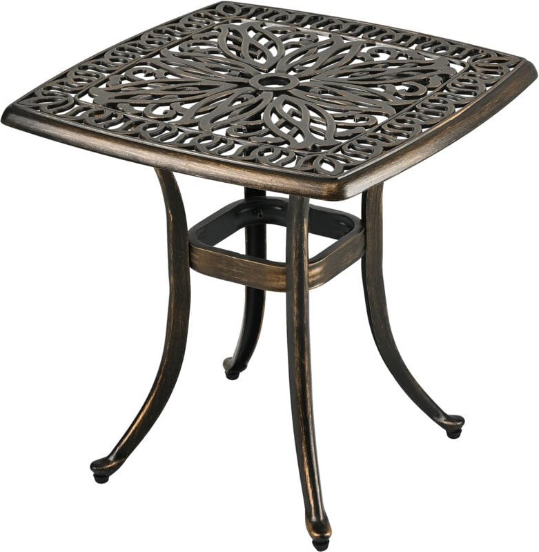 Relaxdays Gartentisch mit Schirmloch, HxBxT: 53x53x53 cm, Aluguss, wetterfest, antik, Balkontisch eckig, schwarz/bronze
