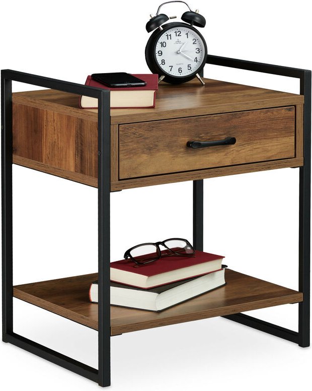 Nachttisch, Schublade, Industrial, Beistelltisch Wohn- & Schlafzimmer, Metall, 50x43x37 cm, Holzoptik/schwarz - Relaxday...