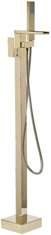 Badewannenarmatur Freistehend glänzend Gold futuristische gerade Form Edelstahl mit Enhebelhandmischer und Standhandbrau...