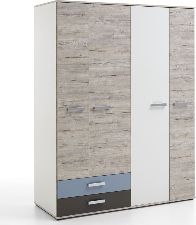 Kleiderschrank LEEDS-10 mit 4 Türen und 2 Schubkästen, Sandeiche Nb./weiß/Lava/Denim, b x h x t ca. 149,5 x 193 x 59,7 c...