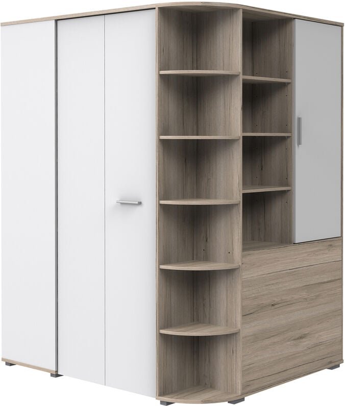 Begehbarer Eckkleiderschrank mit Falttür JOHANNESBURG-43 in Eiche Nb. mit weiß, b/h/t: ca. 124/199/148 cm