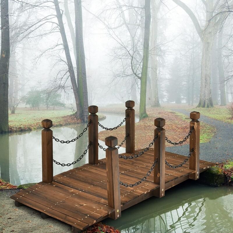 Holzbrücke mit Gelaender, Gartenbrücke Teichbrücke, Zierbrücke belastbar bis 180kg, Dekobrücke für Garten, Teich, Bach, ...