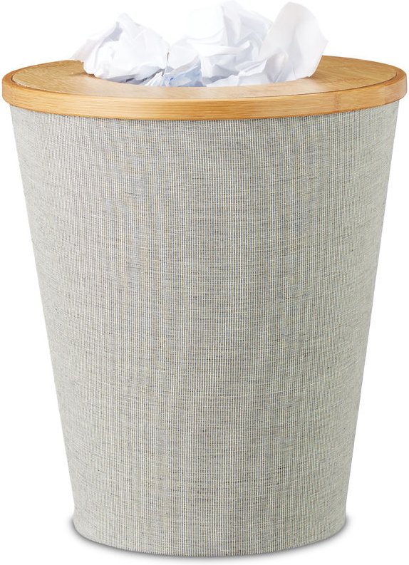 Papierkorb Bambus, runder Abfallkorb mit Inneneimer und magnetisch schließendem Deckel, 35 cm hoch, natur/grau - Relaxda...