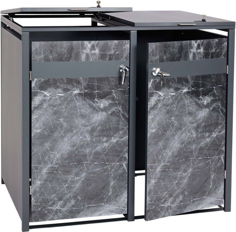 2er Mülltonnenverkleidung HHG 358, Mülltonnenbox, erweiterbar, Metall 50kg, anthrazit Marmor-Optik dunkel