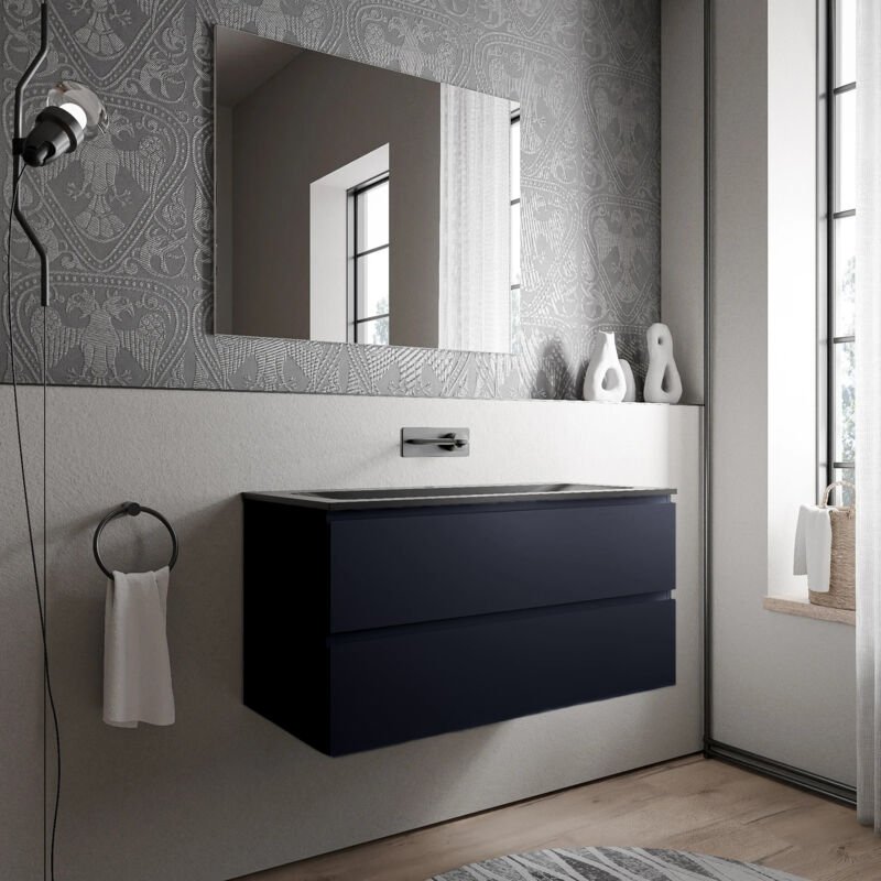 Unterschrank Bernstein ava 100cm Badmöbel: Mitternachtsblau, Mineralguss Waschbecken cream Schwarz matt ohne Hahnloch