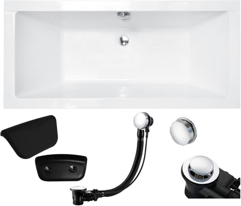 Badland - Badewanne Rechteck 165x75 + Kopfstütze + Bambus Ablage, Ablauf & Füße gratis - Komplettset 5in1 Original Acryl...