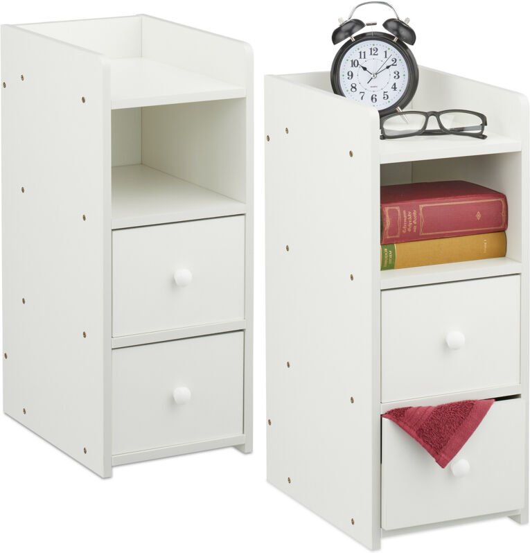 Relaxdays - Nachttisch, 2er Set, 2 Schubladen, h x b x t: 55 x 22,5 x 34 cm, Schlafzimmer, schmaler Nachtschrank, weiß